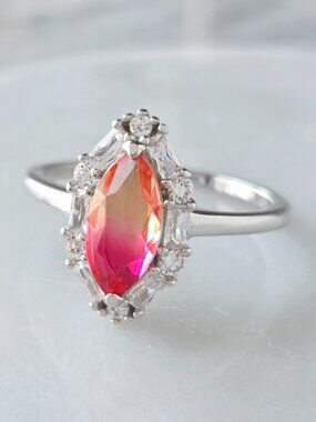 Pink & Peach Marquis Tourmarine Gemstone Ring, 925 Sterling Silver Charmed Aroma